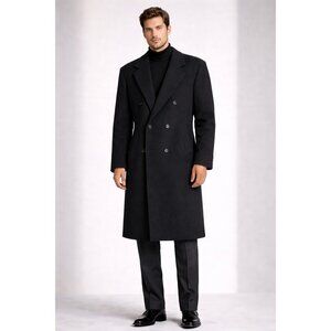 Mens Andrew Fezza Cashmere Blend Overcoat Black Double Breasted Long Coat L